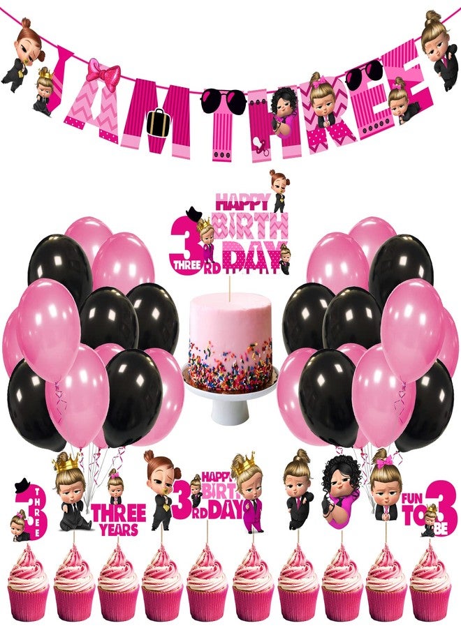 Zyozique Girl Baby Boss 3rd Party Supplies, Boss Baby Birthday for Girls with Happy Birthday Paper Banner Cake Topper Cupcake Toppers Balloons(Pack of 37) - Image 1